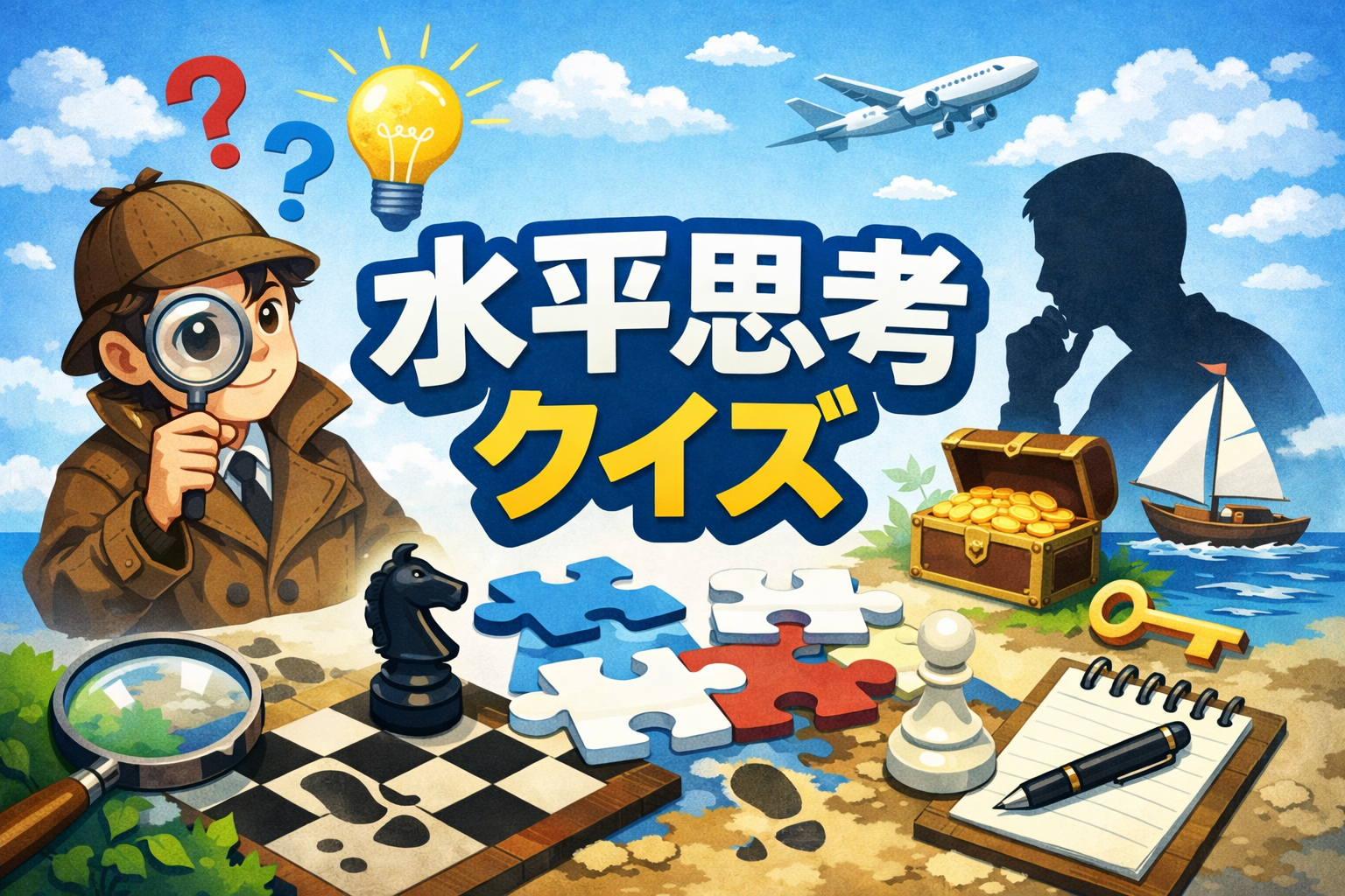 水平思考クイズをイメージしたイラスト。ひらめきや推理を表現したビジュアル
